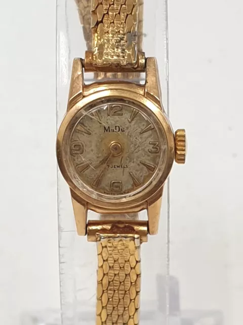 MuDu 18ct Gold Swiss Made Mechanical 17 Jewels Ladies Watch + Gold Plated Strap