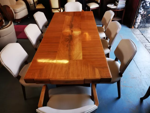 Superb Art Deco  Figured Walnut Dining Table and Eight chairs c 1930