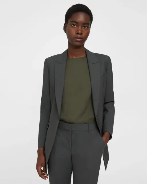 Theory Etiennette B Jacket Blazer Size 2 Deep Green Traceable Wool Blend $345