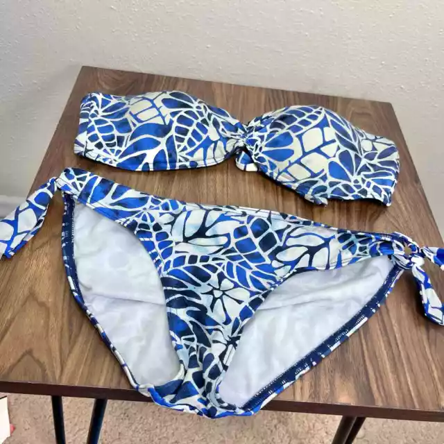 JAG Women's Blue White Mosaic Print 2 Piece Bandeau Bikini Swimsuit Medium