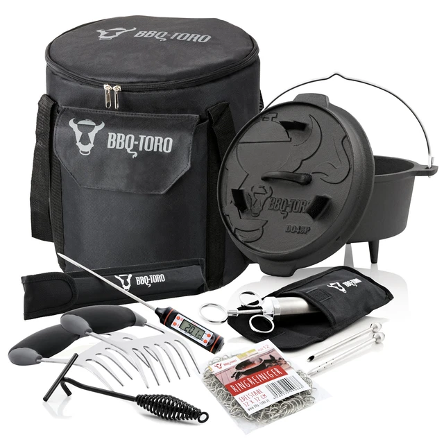 BBQ-Toro Dutch Oven Set Gusseisen | 7 teiliges Starter Set, inkl. Deckelheber