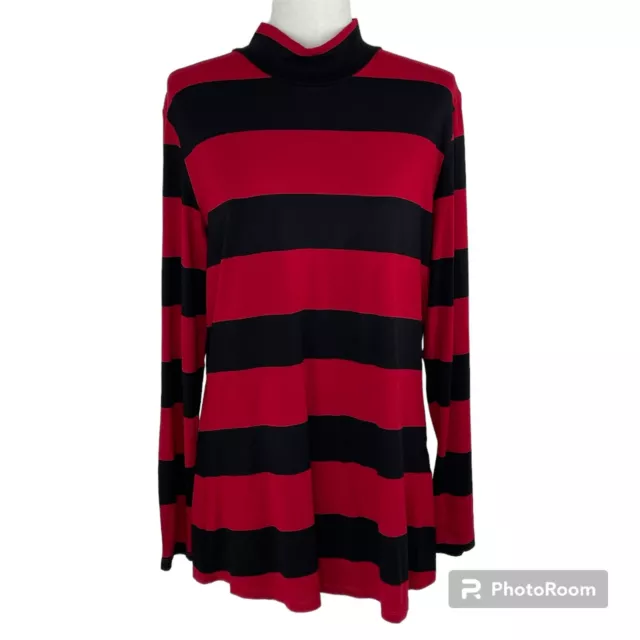 Alembika Tunic Top Size 2 Striped Mock Neck Jersey Knit Red Black Long Sleeve