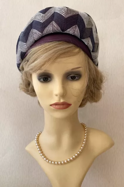 Vintage 1960s Segmented Beret Pill Box Hat Blue & White Zig Zag  Fully Lined