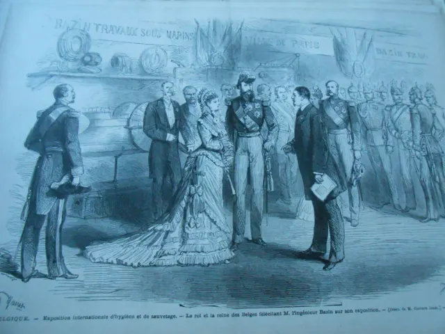 Gravure 1876 - Belgique Exposition d'hygiènne et de sauvetage Le Roi et la Reine
