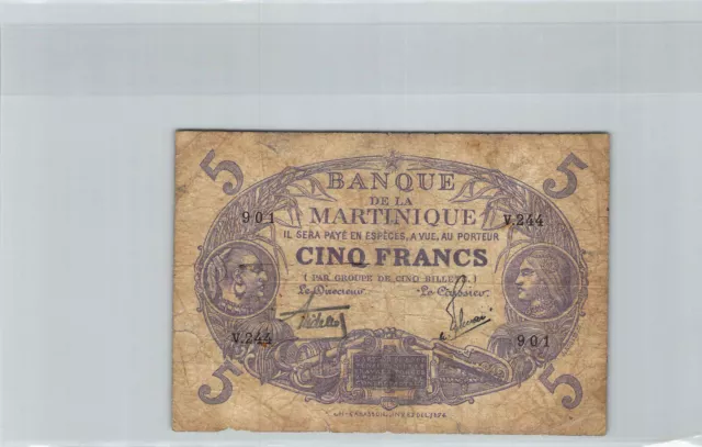 Martinique 5 Francs Law 1901 (1934) V.244 N° 901 Pick 6