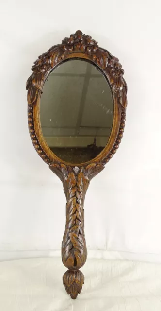 Antique French Oak Wood Hand Carved Hand Mirror Flowers - Black Forest Style