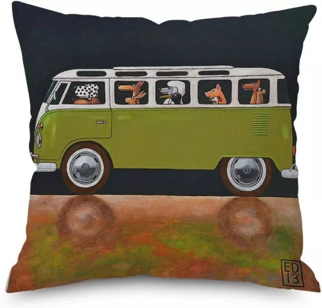 CAMPERVAN with DOGS GREEN Classic T2 VW CAMPER 44cm Zipped CUSHION COVER, UK