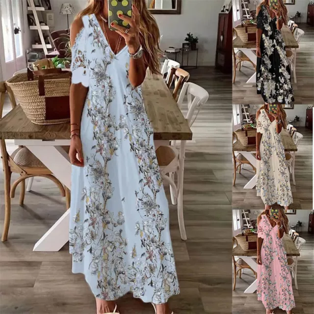 Mujer Verano Boho Largo Maxi Vestido de Playa Cuello En V Floral Fiesta a- <