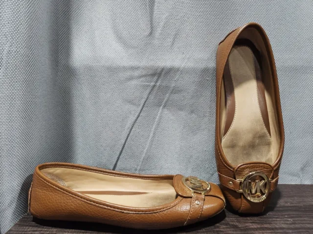 Michael Kors Shoes Slip On Flats Ballet Brown Leather Gold Logo Womens Sz 7.5M