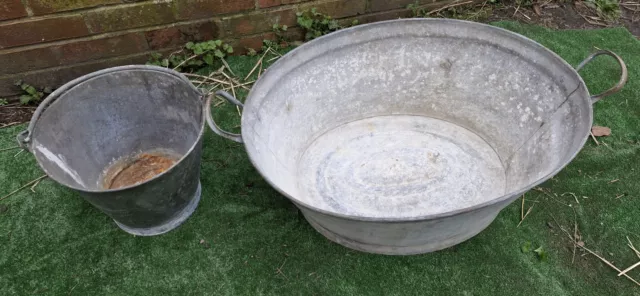 Vintage Galvanised Tin Bath & Bucket washing tub rustic garden planter / trough