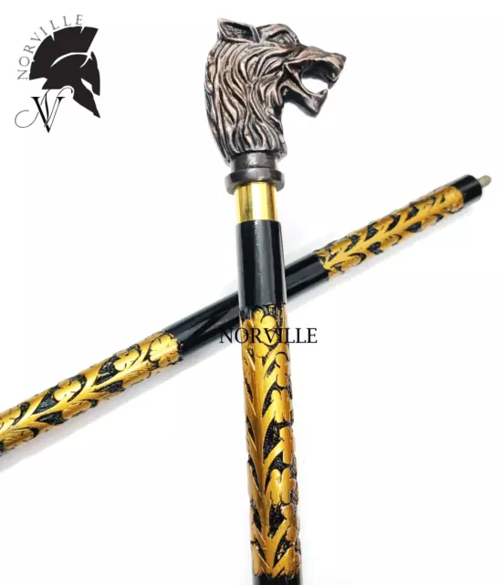 Hand Craved Antique Walking Cane Solid Brass Handle Walking Cane Collectible