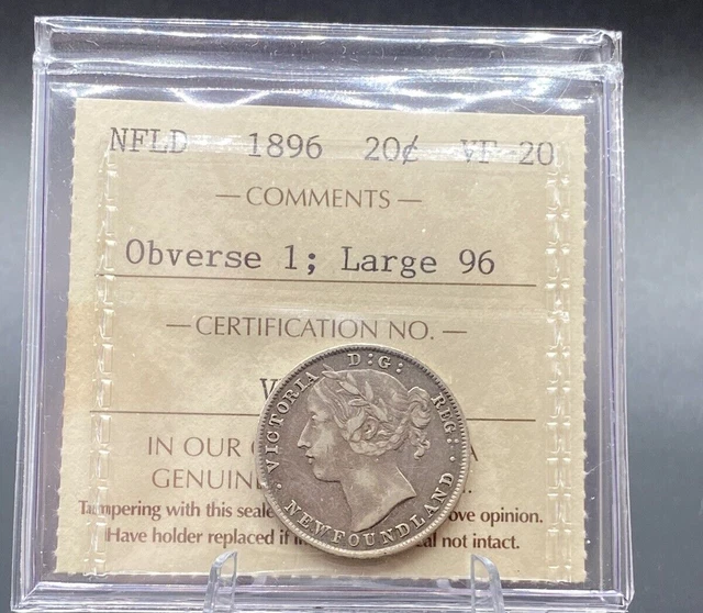 1896 Newfoundland 20 Cent Obv. 1 Large 96 ICCS VF-20 Old Two Letter Holder