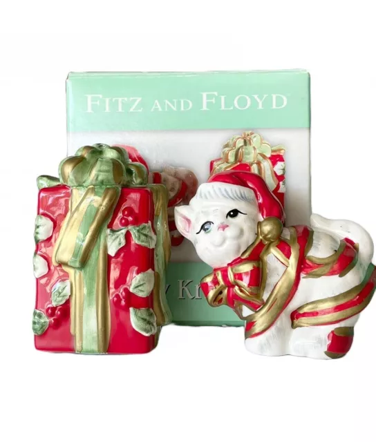 Fitz & Floyd Santa Kitty Cat Kringle Figural Christmas Salt Pepper Shakers w box