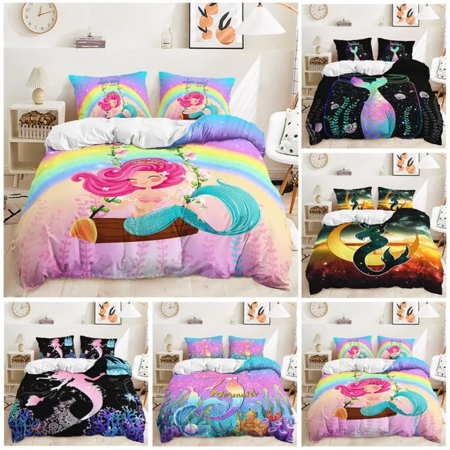 Colorful Twinkling Mermaid Rainbow Sunset Duvet Doona Quilt Cover Set Girls Gift