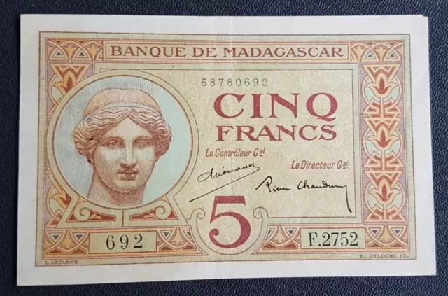 Afrique - Africa - African Note - Billet De 5 Francs De Madagascar.