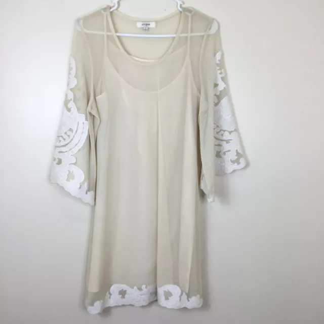 Umgee Women’s Ivory Lace Scoop Neck Long Kimono Sleeve Lined Dress Size Medium