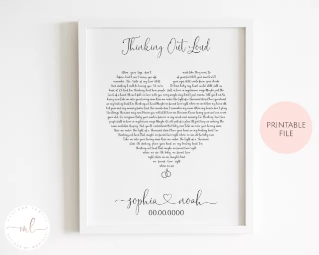 Printable Personalised Heart Shape Song Lyrics Print, Wedding Anniversary Gift