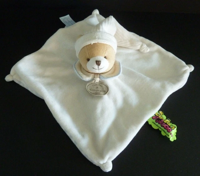 J5. DOUDOU ET COMPAGNIE PLAT OURS Tatoo blanc col bord bleu dessous rayé - TTBE
