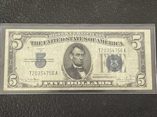 1934D $5 Silver Certificate Blue Seal Circulated Un-Graded Great Shape