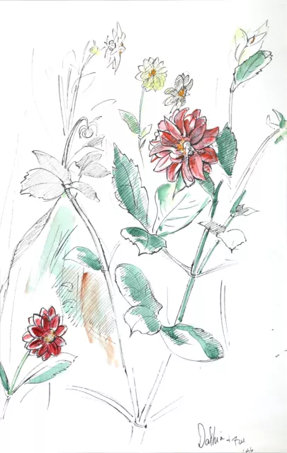 Charles Blaze Vukovich, Dahlia Und Biene, Tinte Und Wasserfarbe Auf Papier