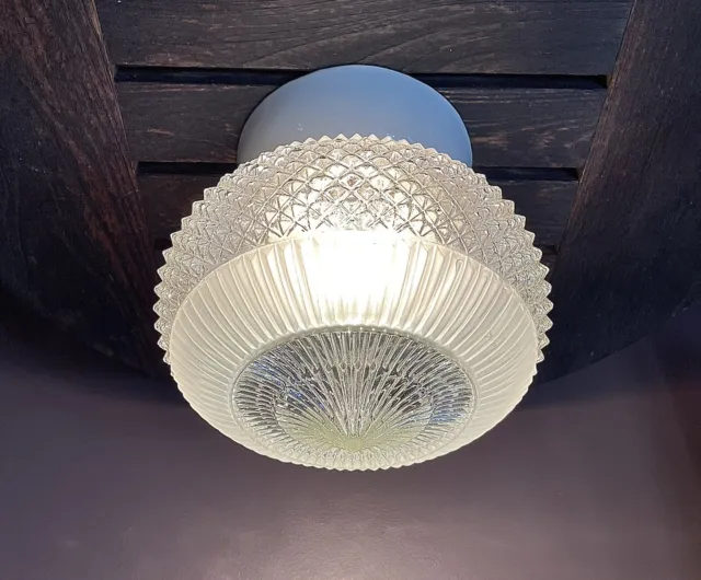 Antique 1930s 40s Art Deco Nouveau Victorian Diamond Glass Ceiling Light Fixture