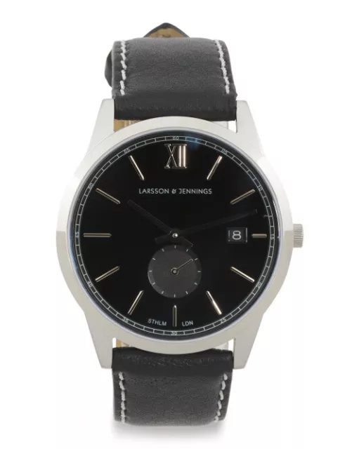 LARSSON & JENNINGS Lugano Leather Strap Watch 39mm Black Silver Swiss Made Nwt