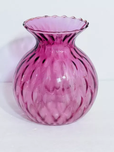Pilgrim Glass Cranberry Optic Swirl Vase 6” Tall