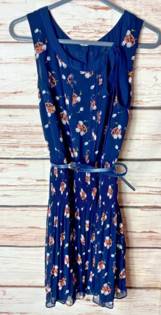 Oasis Size 8 Dress Knee Length A-Line Floral Sleeveless Pleat Blue Womens 3469