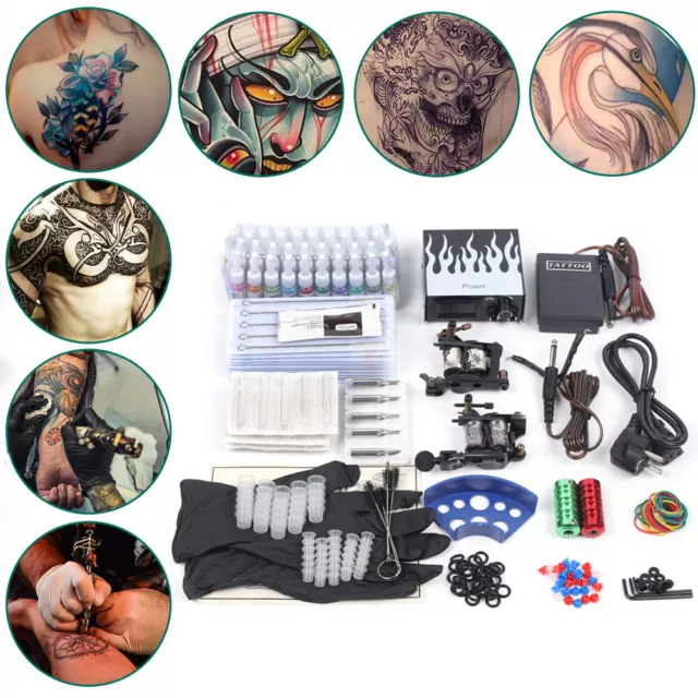 Komplett Tätowierung 2 Tattoomaschine Set Tattoo Kit 40 Farben Inks 50 Nadeln