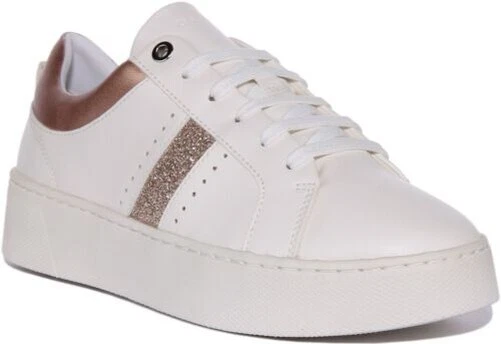 GEOX D Skyely Dentelle Plateforme Pailleté Baskets or Blanc Femmes UK 3 - 8
