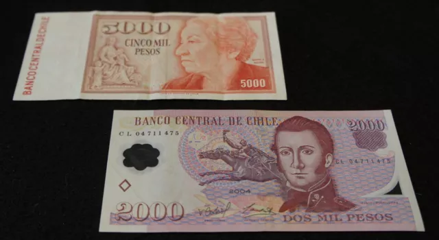 Bank of Chile 2000/5000 Pesos Notes 2004/1994 NICE Collectible Notes!