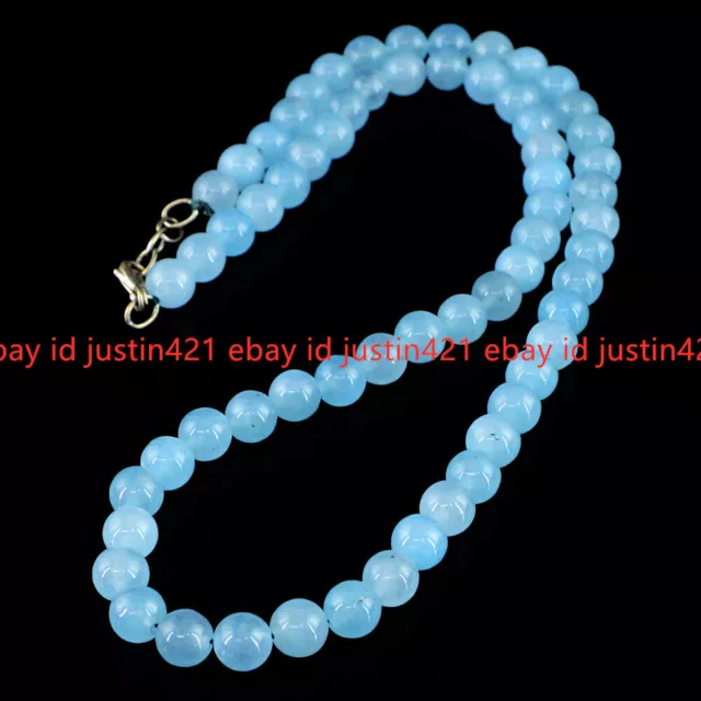 Beautiful 8mm Natural Blue Chalcedony Round Beaded Gemstone Necklace 18" AAA