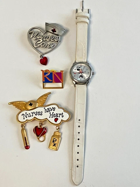 Vintage Lot of NURSE Jewelry ~ Pins /Brooches + Nurse Minnie Mouse WATCH