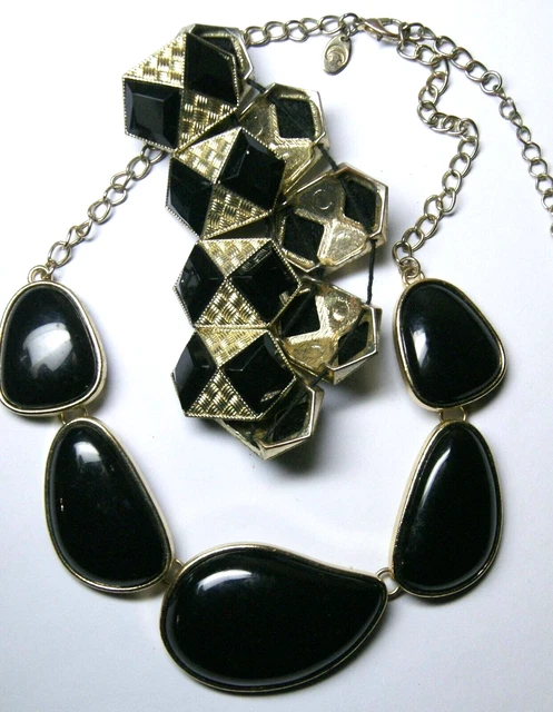 CHARMING CHARLIE STATEMENT Faux Black Onyx Cabochon Choker & Bracelet