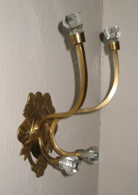 Vintage Solid Brass Large Wall Mount Hat Coat Hanger Hook w/4 Glass Knobs