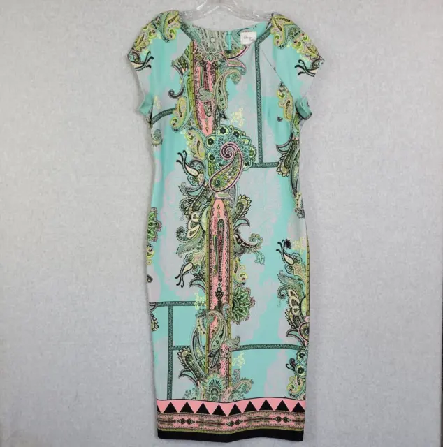 Beige by eci Womens Sz 10 Teal Pink Paisley Sheath Sleeveless Dress