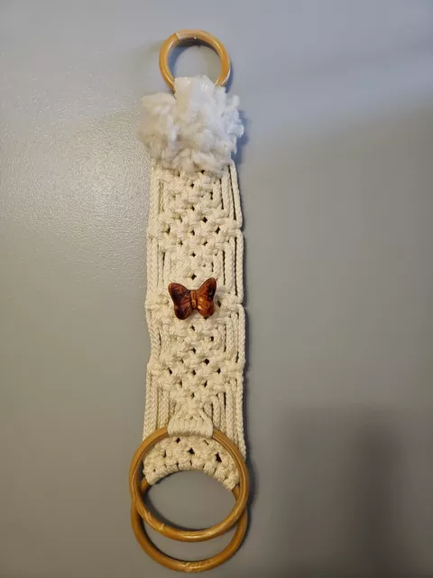 Vintage 1970's Boho Cream Macrame Towel  Holder Ceramic Butterfly 22" Long