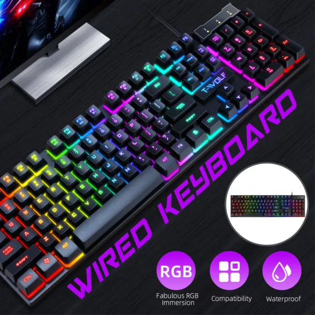 T20 Mechanical Gaming Keyboard Ergonomic for PC Laptop Rainbow LED Backlight Usb