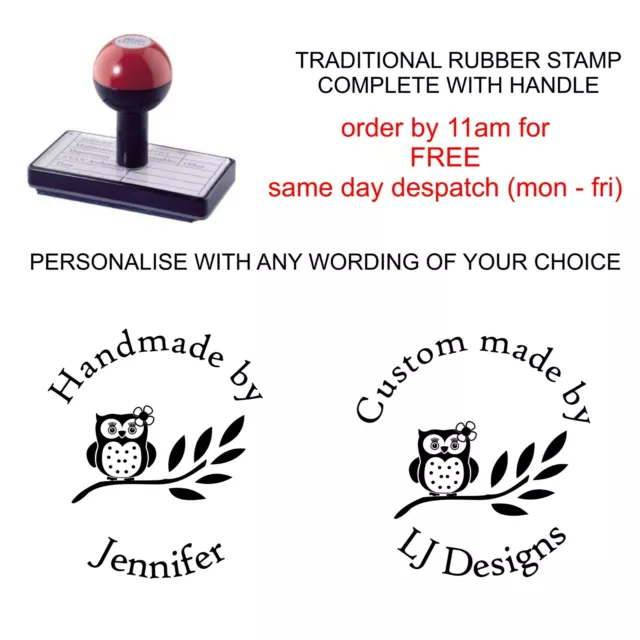 Personalised Handmade By Rubber Stamp Customised With Your Name And Owl Design