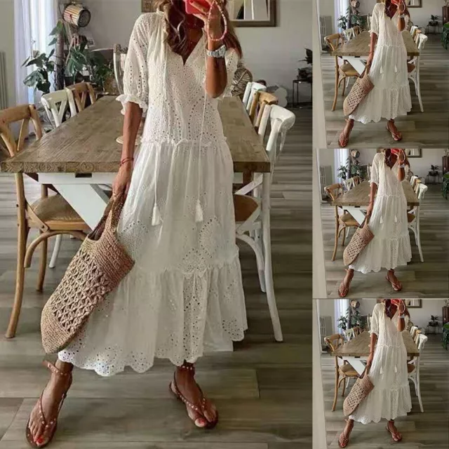 US Women Summer Boho Lace Maxi Dress Ladies V Neck Casual Holiday Long Sundress‹ 3