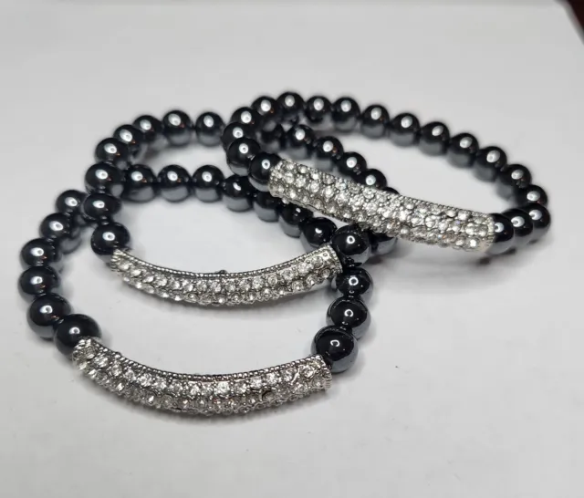 Hematite Stone Beads Stretch Bracelet Lot Rhinestone Crystal Bar Charm Set of 3