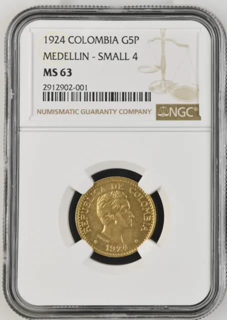 1924 Columbia G5P Medellin Small 4 NGC MS63 - Gold 5 Peso Low Pop