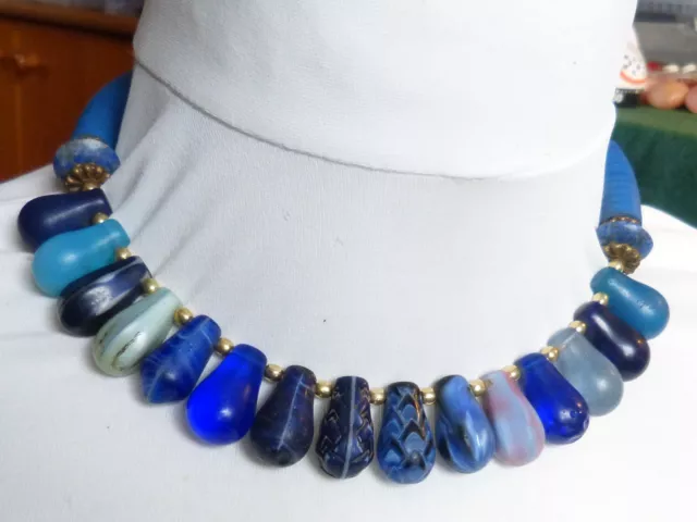 Vintage Antique Mali Wedding Beads Necklace, Trade Beads, Aqua Blue