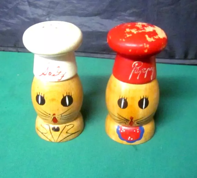 Vintage Salty Peppy Wood Salt And Pepper Shakers, Old Kitchen
