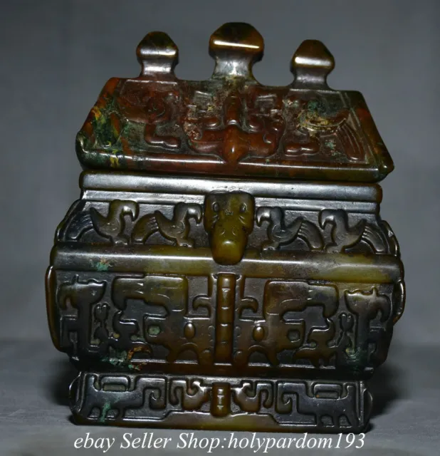 6.6" Ancient Chinese Old Xiu Jade Carved Dynasty Beast Face Bird Lid Jar Pot