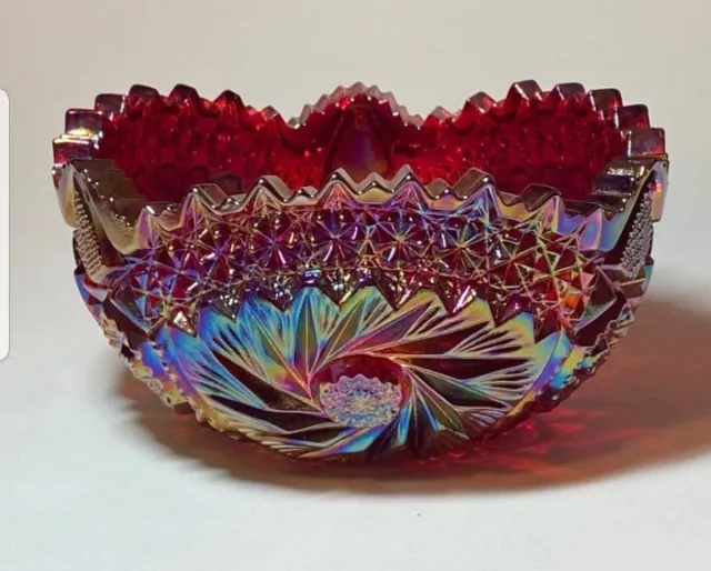 Vtg LE Smith Carnival Glass Bowl Dark Pink, Iridescent Glows, Comet in the Stars