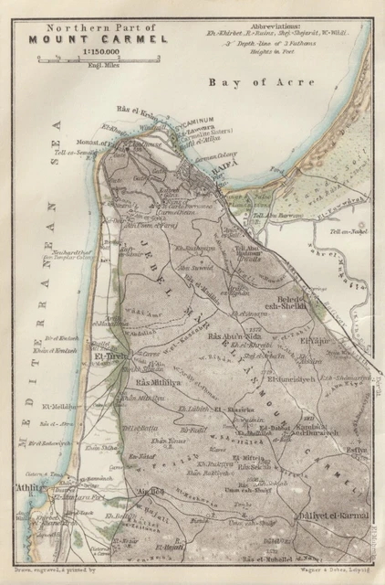 MOUNT CARMEL Weinberg Gottes Haifa Marra Jebel MarraIsrael LANDKARTE von 1912