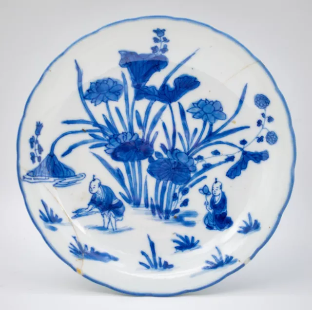 Japanese Porcelain Plate Blue White Arita Lotus Dish Late Meiji 19th Century #1