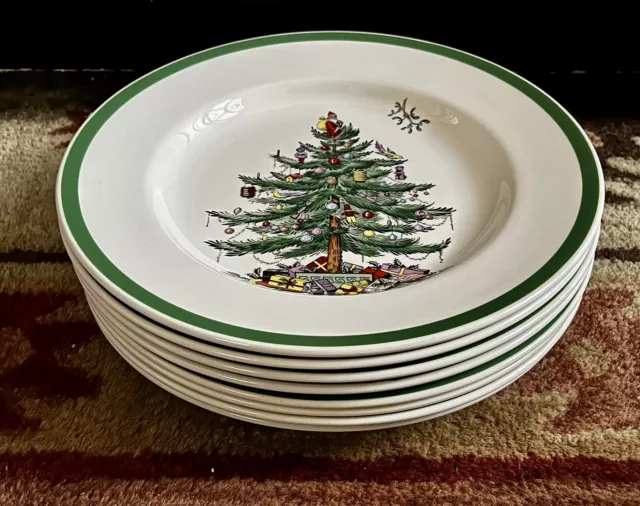 Set of 8 Spode Christmas Tree S3324-A7 Holiday Dinner Plates 10.5" Mint