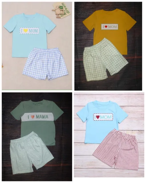 NEW Boutique I Love Mom Boys Short Sleeve Shorts Outfit Set Mother's Day